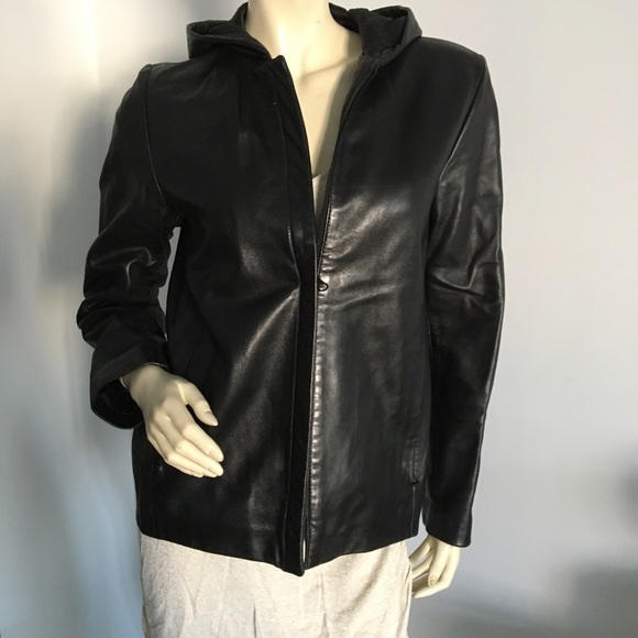 Black Leather hooded zip up jacket - Picture 2 of 8